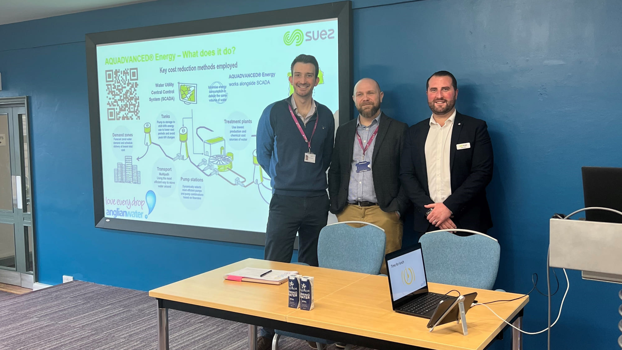 At the World Water Tech Innovation Summit during the Anglian Water Tour with (from left) Anglian Water Services Project Manager Oscar Harrad, Optimisation Solutions Development Manager Matthew Hughes, and SUEZ AQUADVANCED® Digital Business Development Manager Ashley Slade